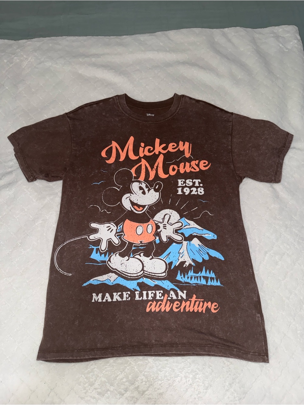 Disney brown tee with orange and blue Mickey graphic